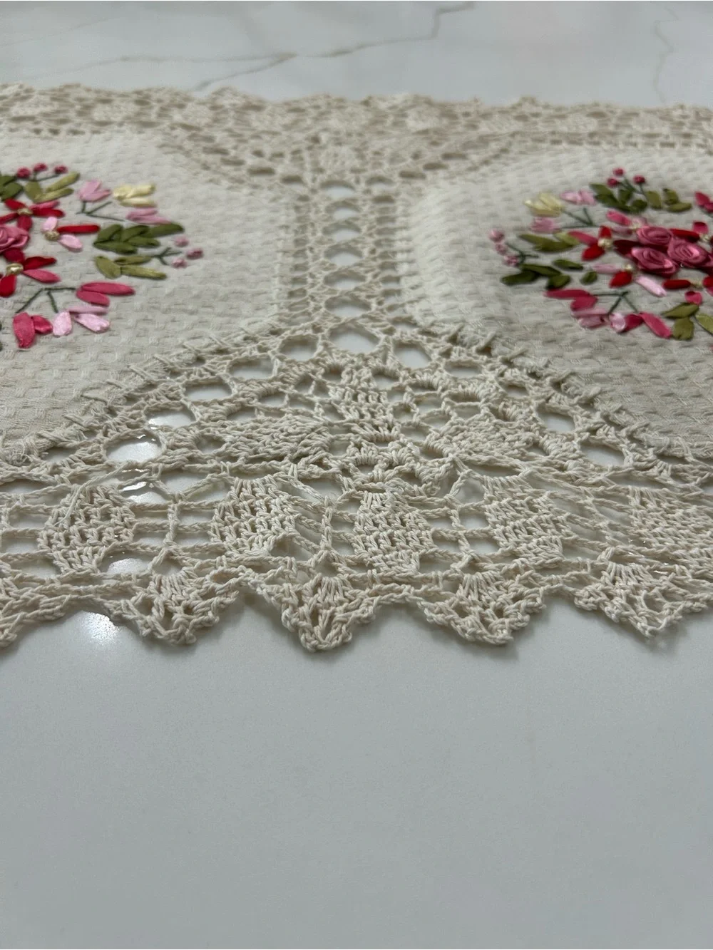 Mexican Artisanal Handmade Crochet Lace Table Runner Floral Ribbon Embroidered.